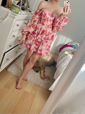 Floral Off-Shoulder Tiered Mini Dress in Pink